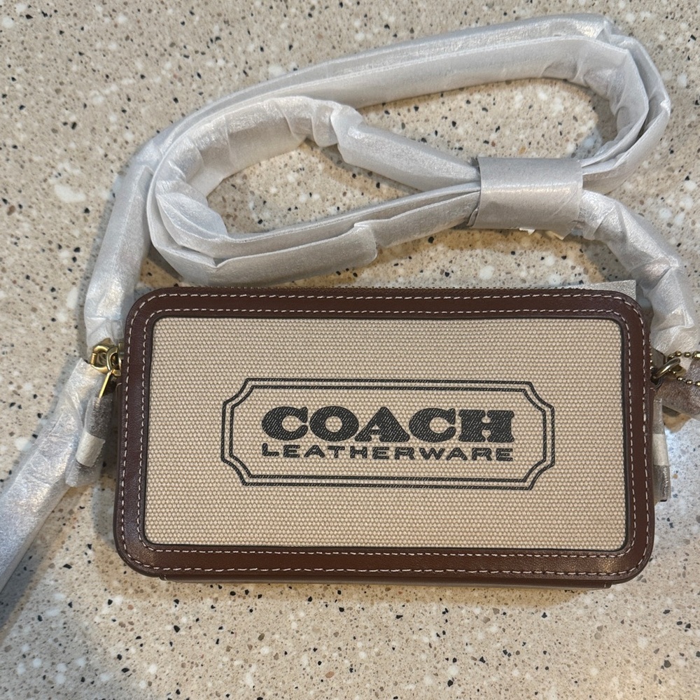 Coach Beige Canvas Wallet Crossbody with Brown Trim